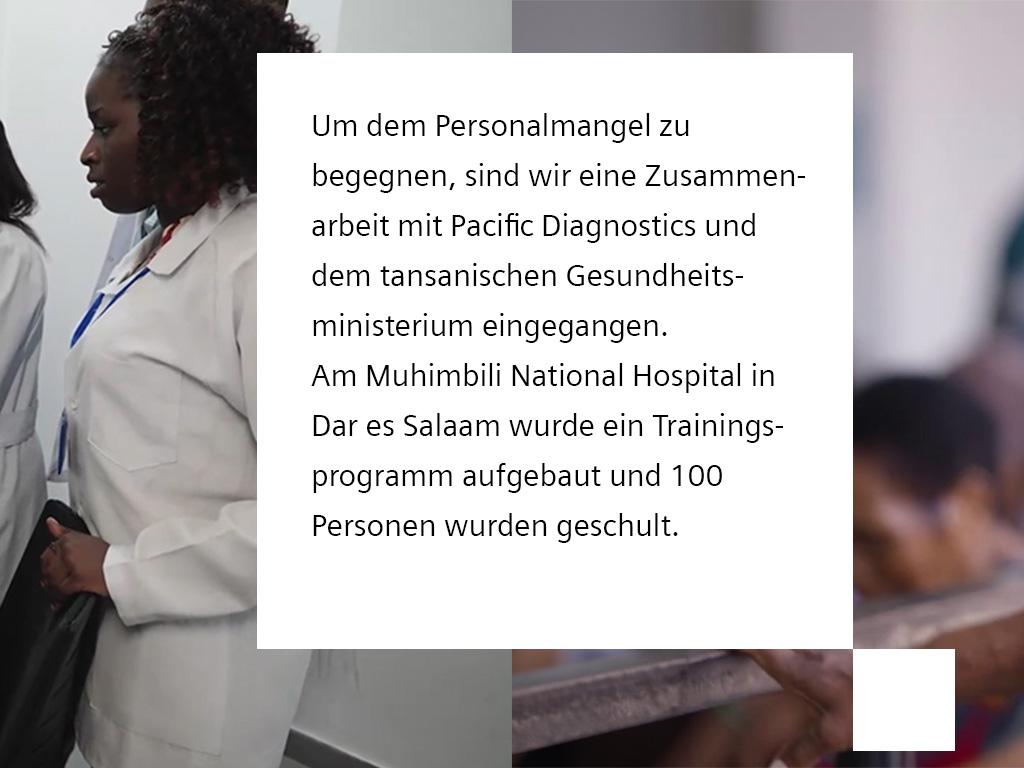Text auf dem Bild: Um den Personalmangel zu begegnen, ist Siemens Healthineers eine Zusammenarbeit mit Pacific Diagnostics und dem tansanischen Gesundheitsministerium eingegangen.  