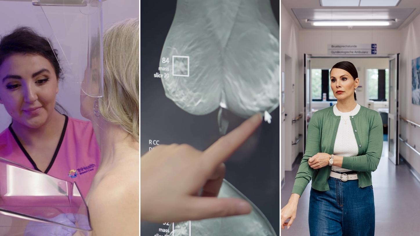 split image of a mammpraphy, clinical images of a breast an a female patient in hospital setting