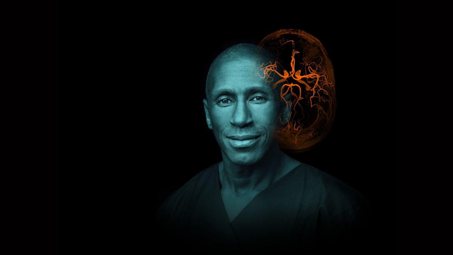 Computed Tomography in Neurology keyvisual - A man’s face and brain scan image next to his head.
