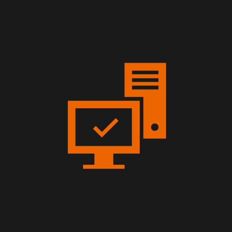 An orange icon of a computer monitor with a checkmark and a desktop tower on a black background, symbolizing system verification or cybersecurity.