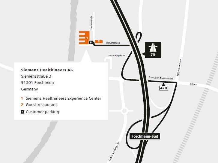 Illustration of driving directions from south to the Siemens Healthineers Experience Center