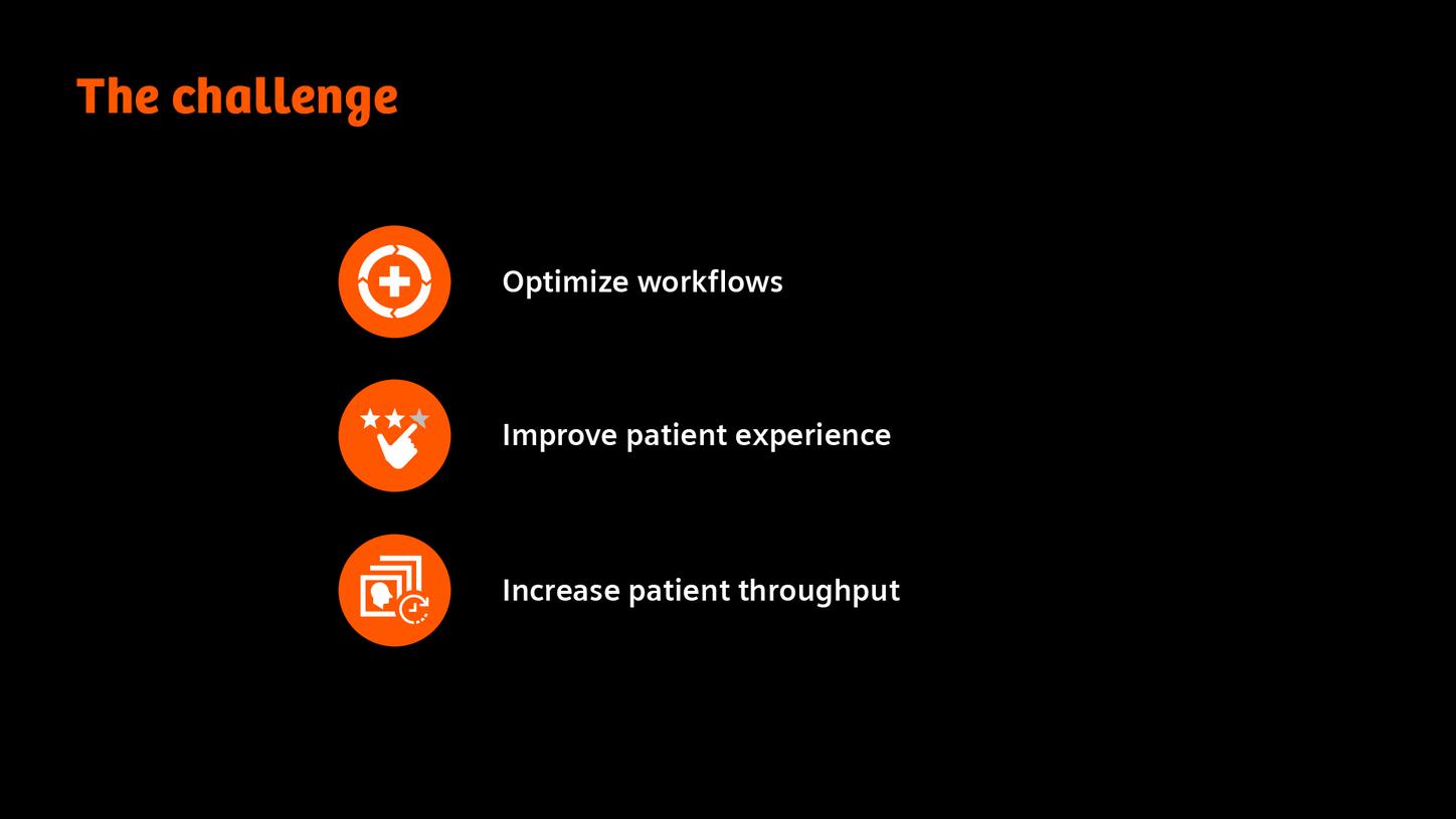We see a graphic on a black background with white and orange font and icons. The headline reads "The challenge". Next to an icon with a circle with a cross in it is "Optimize workflows". Next to a hand tapping one of three stars is written "Improving patient experience". Next to an icon with pictures of people and a clock symbol is "Increase patient throughput".