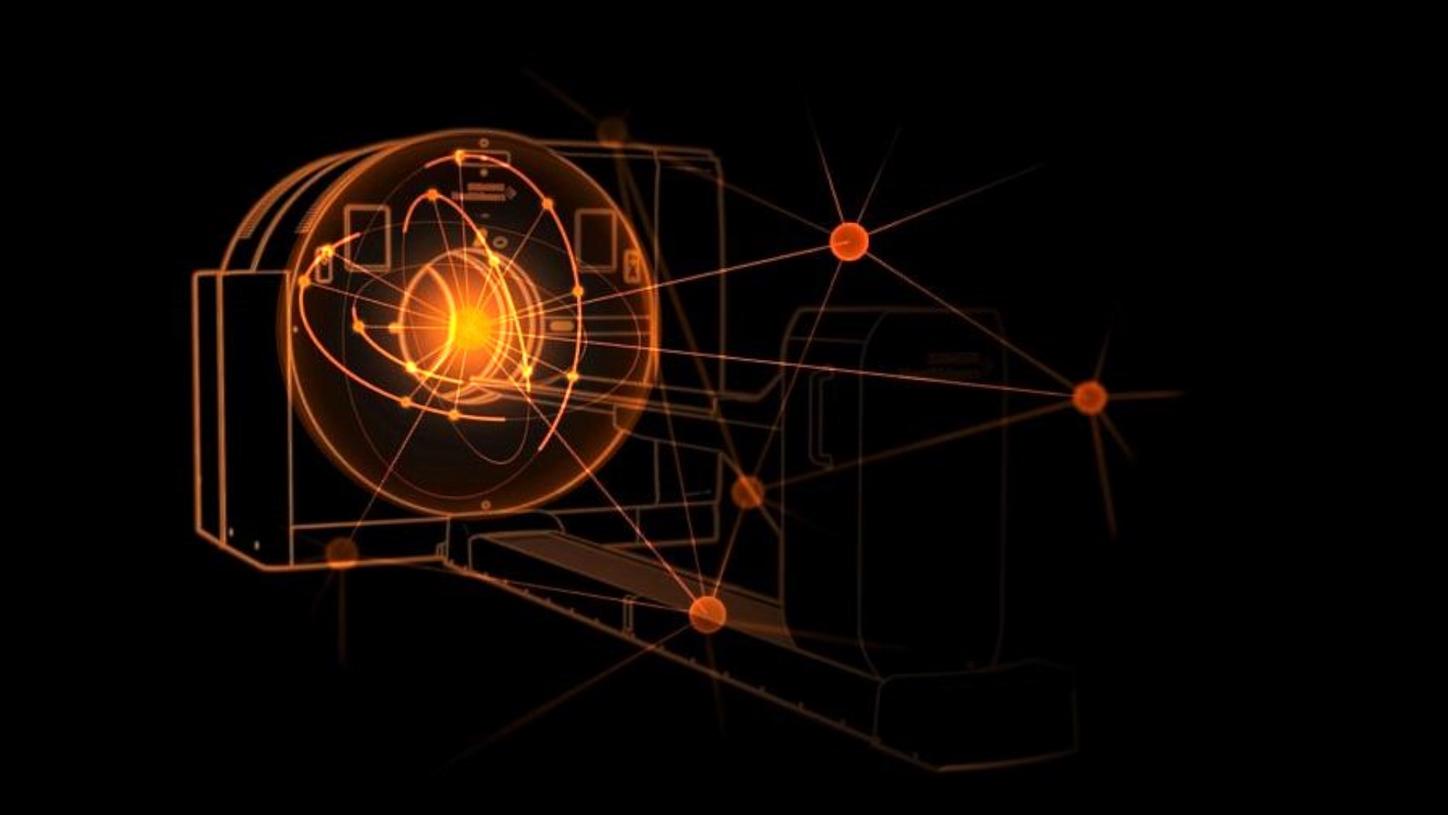 Digital illustration of a Siemens Healthineers Biograph PET-CT scanner, highlighting advanced imaging technology with glowing orange network connections on a black background.