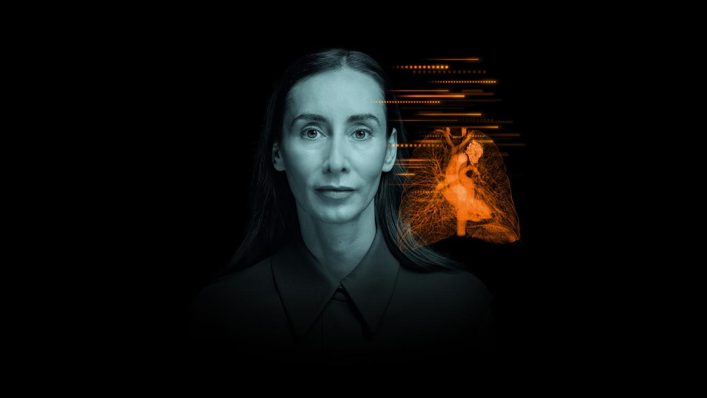 A person’s face merged with a diagram depicting the human chest