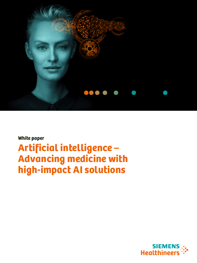 Whitpaper cover with the title: Artificial intelligence – Advancing medicine with high-impact AI solutions