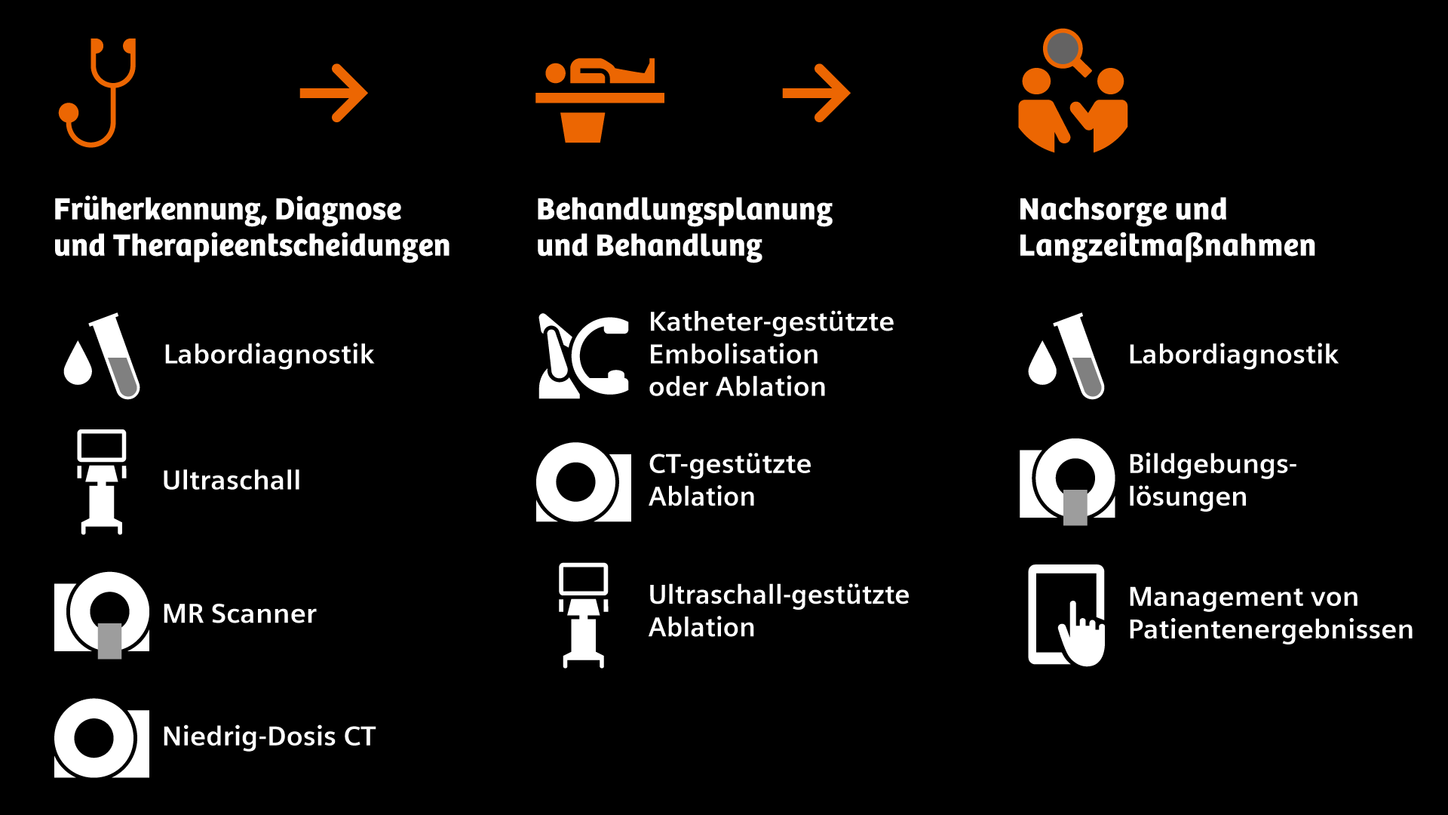 Infografik, die das Behandlungsportfolio im Falle von Leberkrebs zeigt von der Früherkennung, über die Behandlung bis zur Nachsorge
