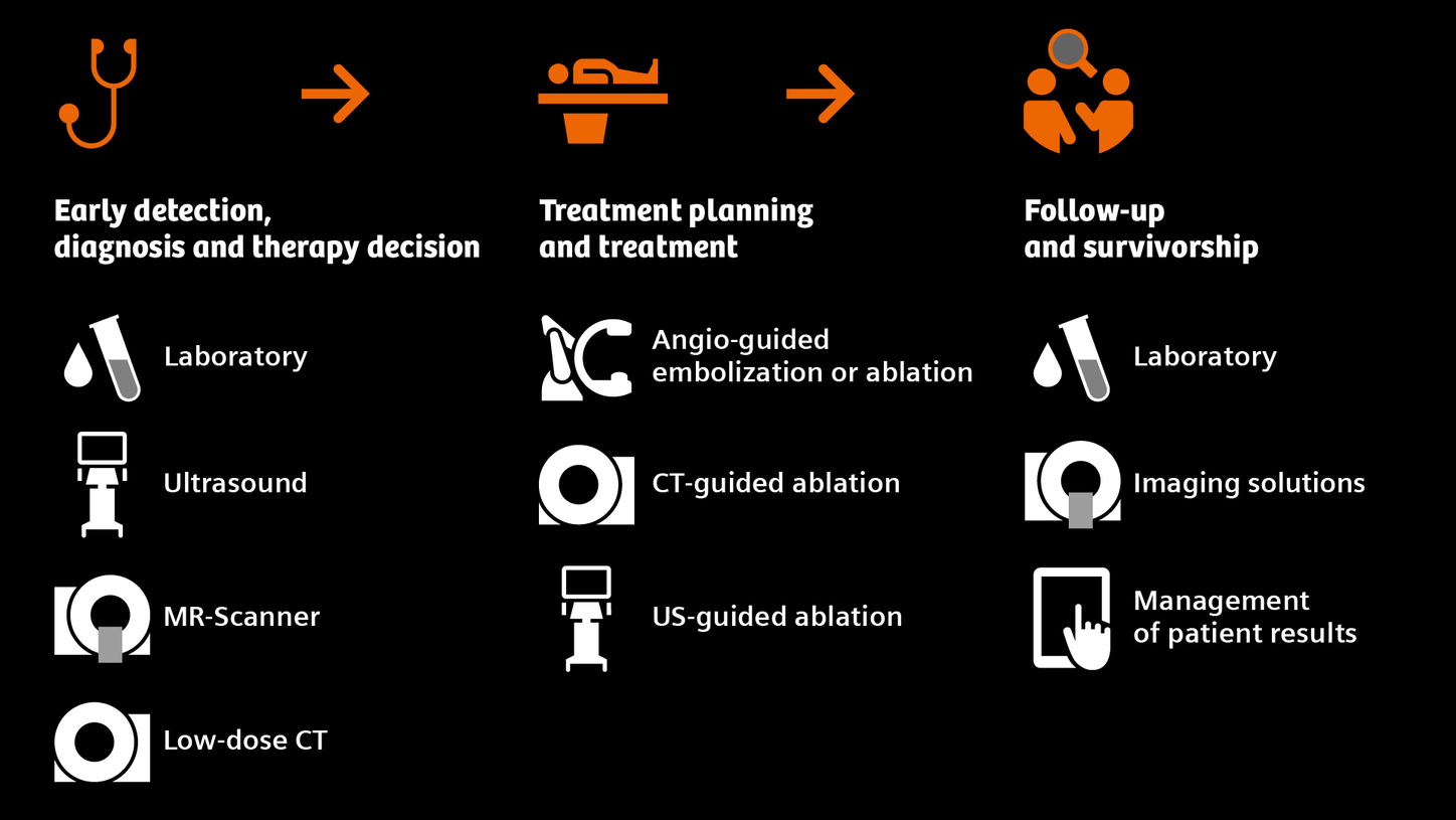 Infografik showing portfolio for liver cancer pathway from early detection over treatment to follow-up