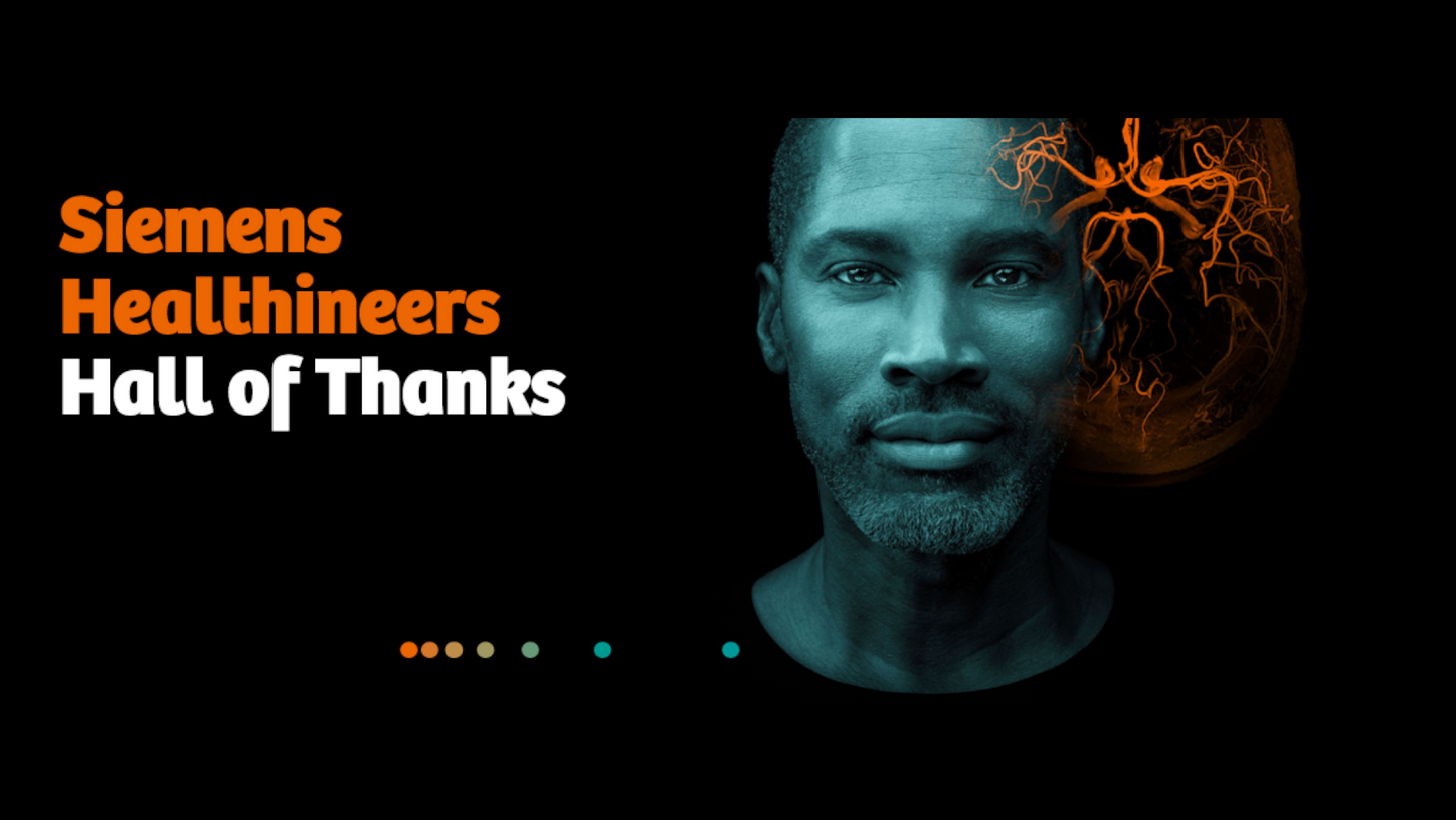 A Siemens Healthineers "Hall of Thanks" cover featuring a portrait of a man with a medical imaging overlay of brain arteries on the right side of his head.