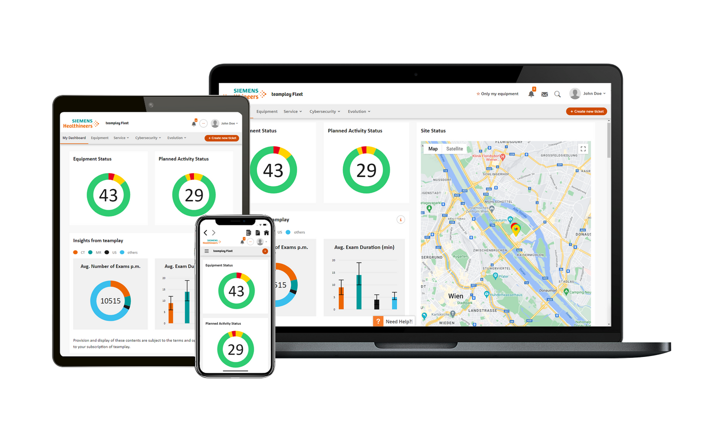 Tablet, smartphone and monitor with teamplay Fleet dashboard showing status of your equipment and teamplay Data.